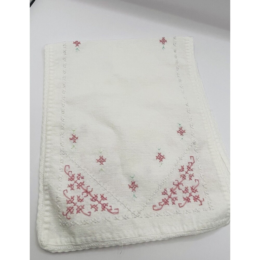 Vintage Hand Embroidered Pink Flowers Table Runner Cloth 19” X 8”